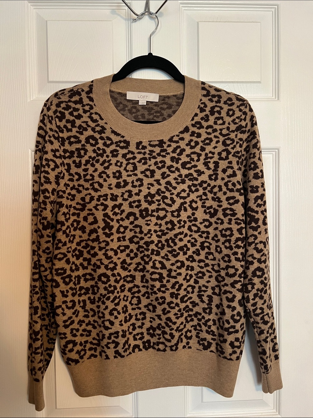 LOFT Tan and Black Leopard Crewneck Sweater